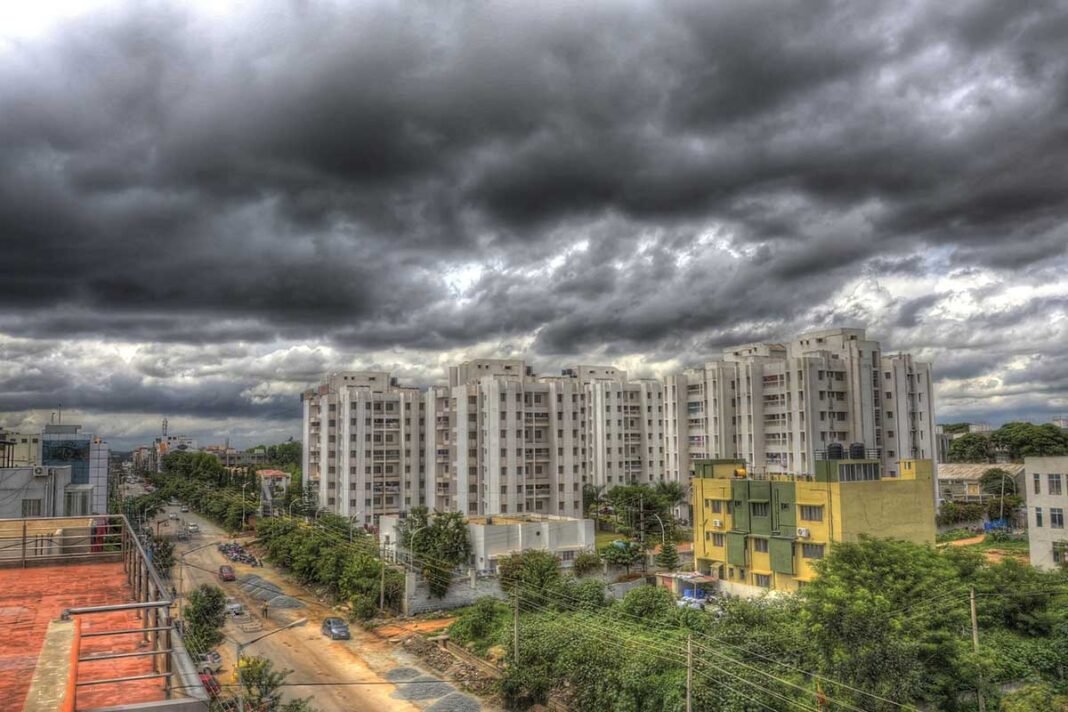 Dark clouds gathering over Bengaluru in Karnataka as the state braces for early monsoon rains.