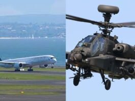 Passenger jet and military helicopter