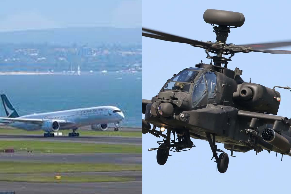 Passenger jet and military helicopter