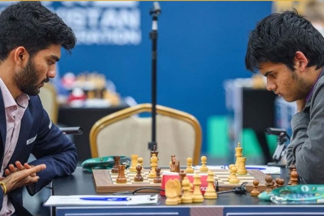 World Chess Champion Gukesh and American Grandmaster Abhimanyu Mishra