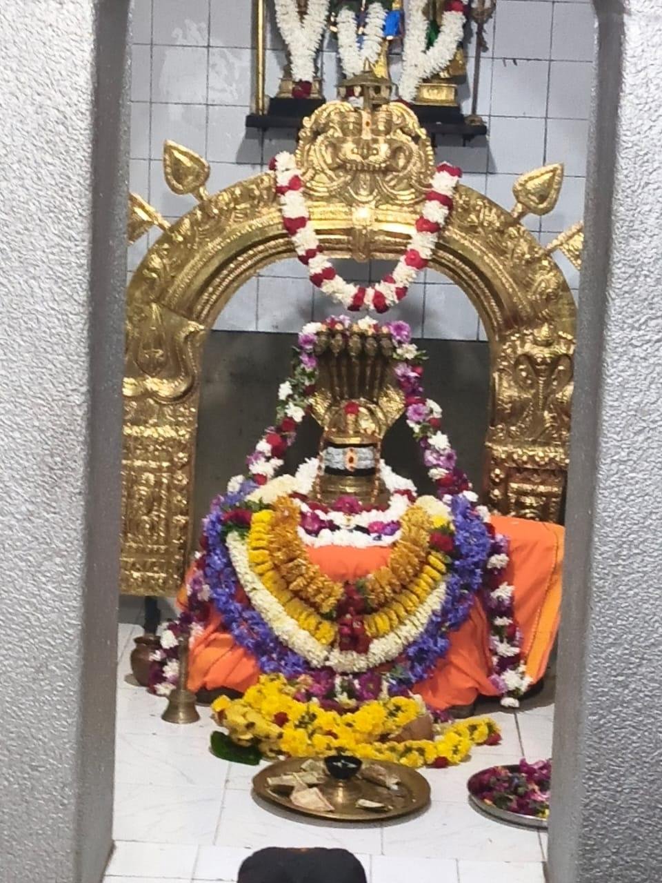 Sri Someshwara Swamy idol decorated with garlands Manchanabale temple